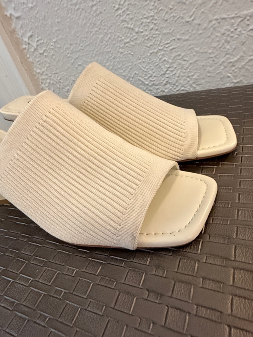 French Connection Beige Ribbed Open-Toe Block Heel Mules - Picture 3 of 4